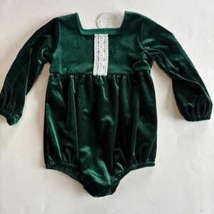 Abby & Evie Infant Girls 24M Hunter Green Velour Romper Lace Accent Boutique NEW